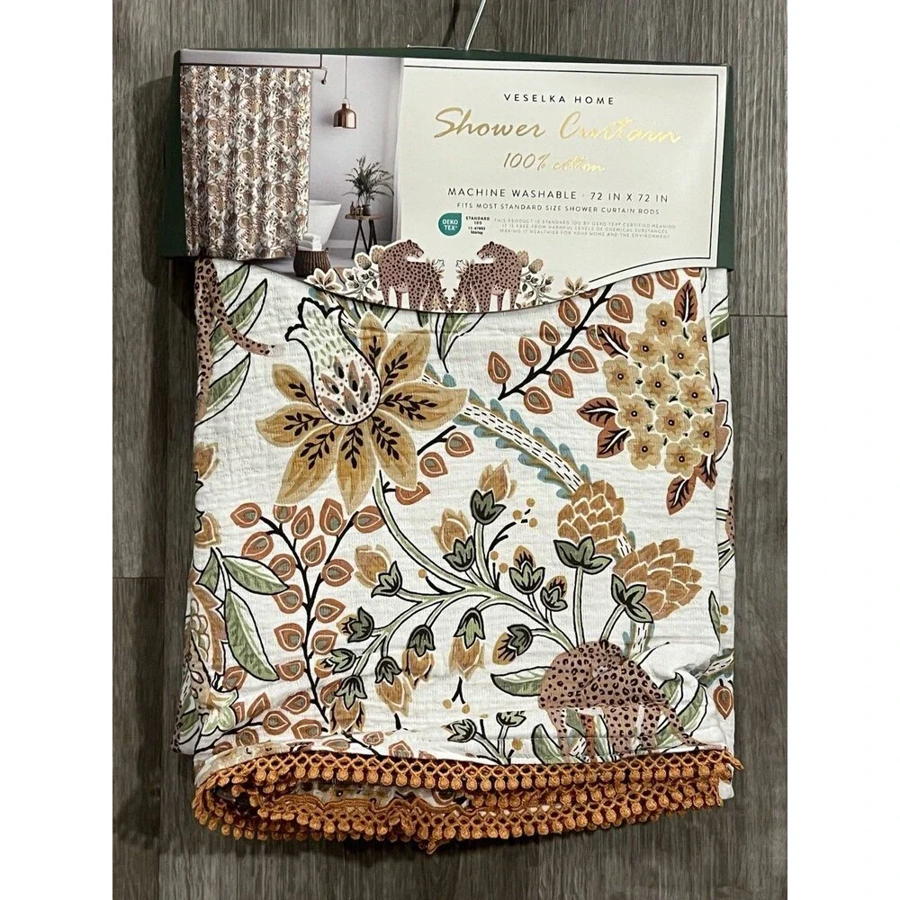 VESELKA HOME SHOWER CURTAIN 100% COTTON Cheetah Brown Floral Trim Detail New